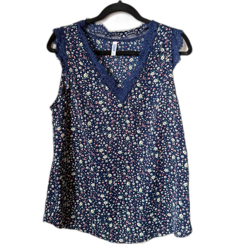 Viishow Blue Ditsy Floral V-Neck Lace Trim Blouse Tank L